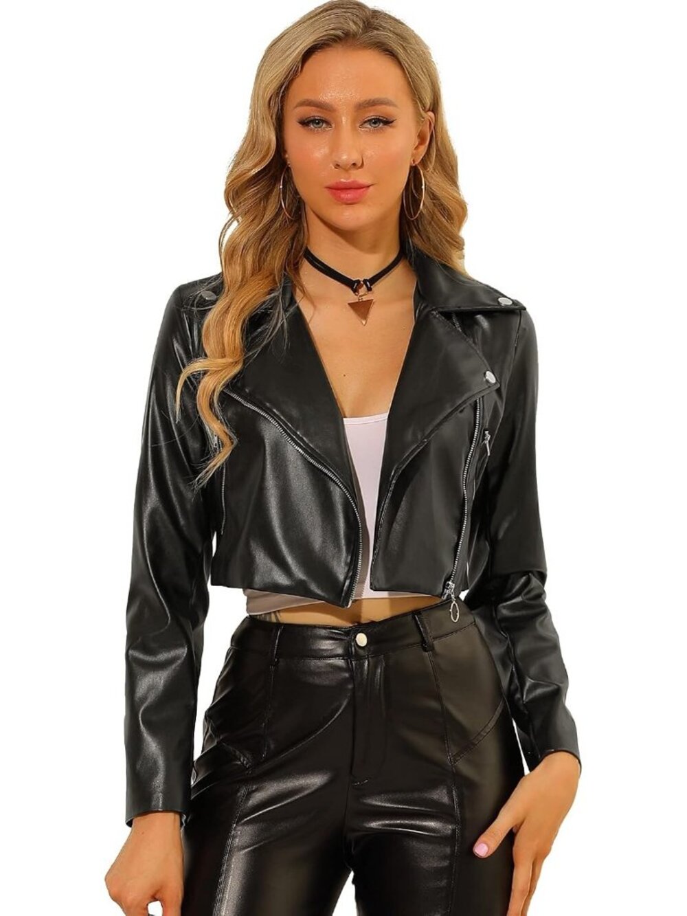 Women's Black Faux Leather Cropped Long Sleeve Asymmetric Zipper Up Moto Jacket